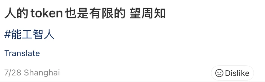 The caption of a Xiaohongshu post reading 人的token也是有限的 望周知, tagged #能工智人, posted 7/28 from Shanghai